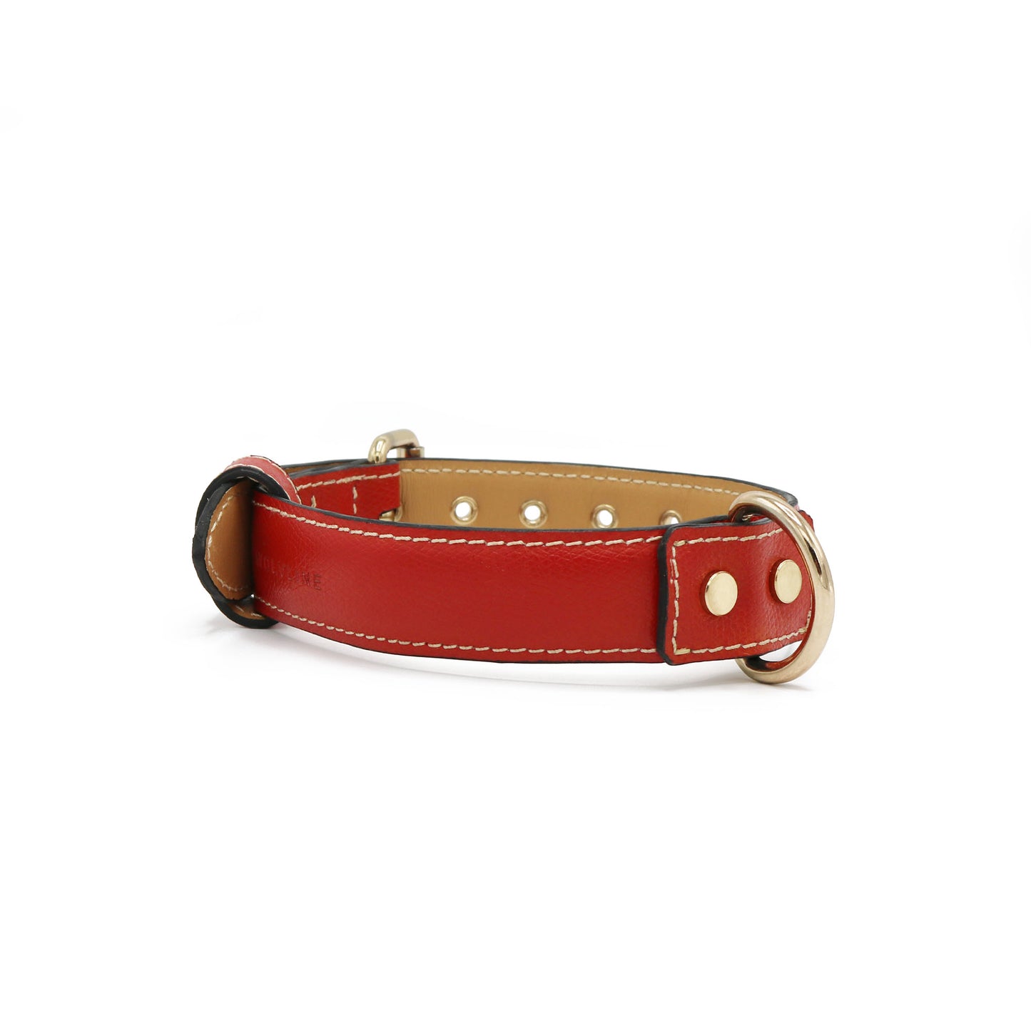 Red leather dog collar with gold hardware on a white background