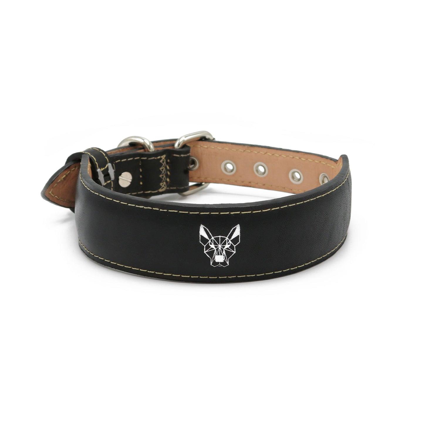 Wolvline Black leather dog collar with a brand logo on a white background