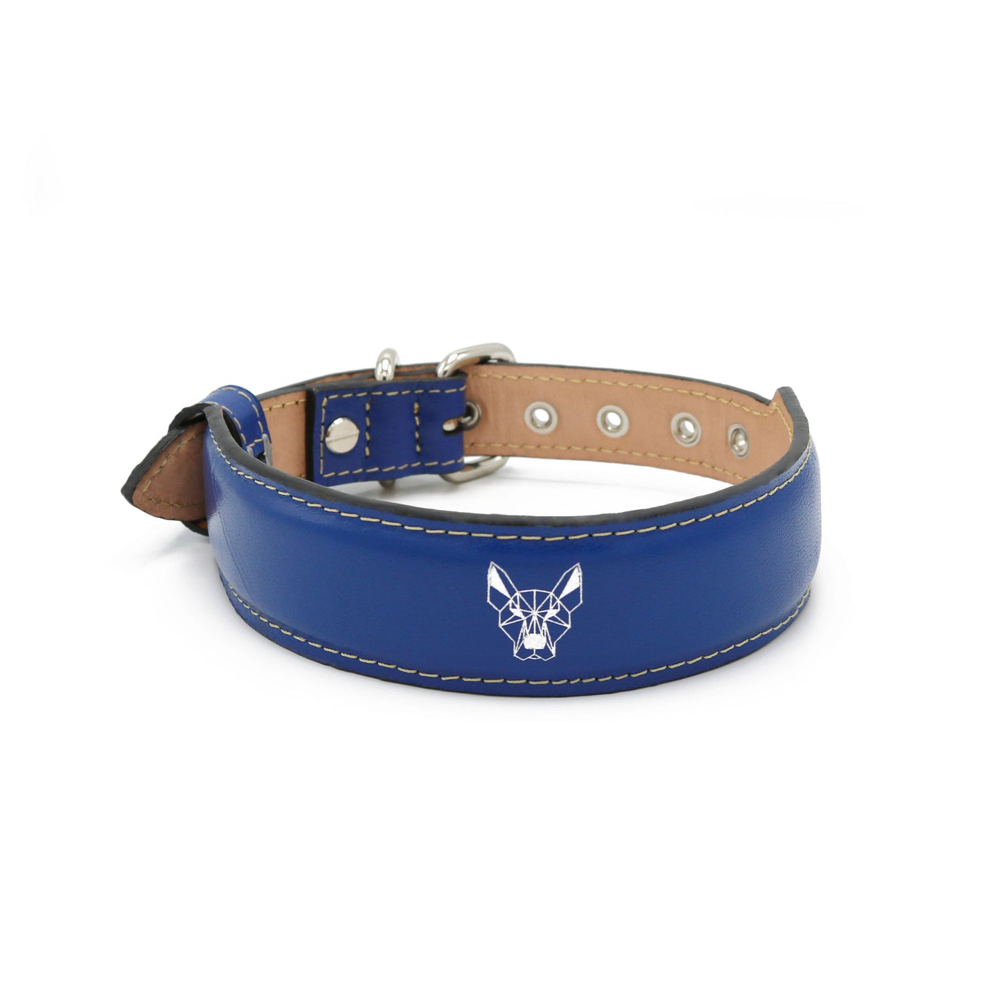 Wolvline Blue leather dog collar with a white logo on a white background