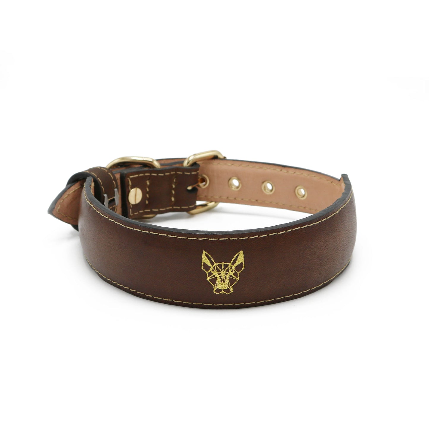 Wolvline Brown leather dog collar with gold hardware and a logo on a white background