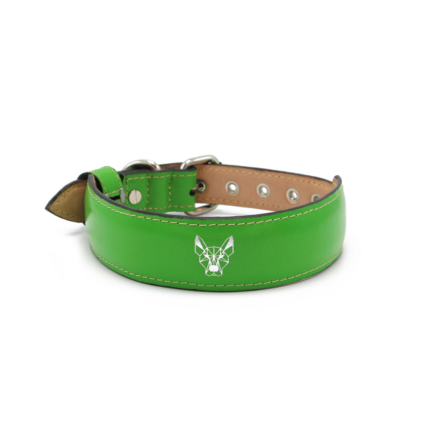 Wolvline Green dog collar with a white logo on a white background