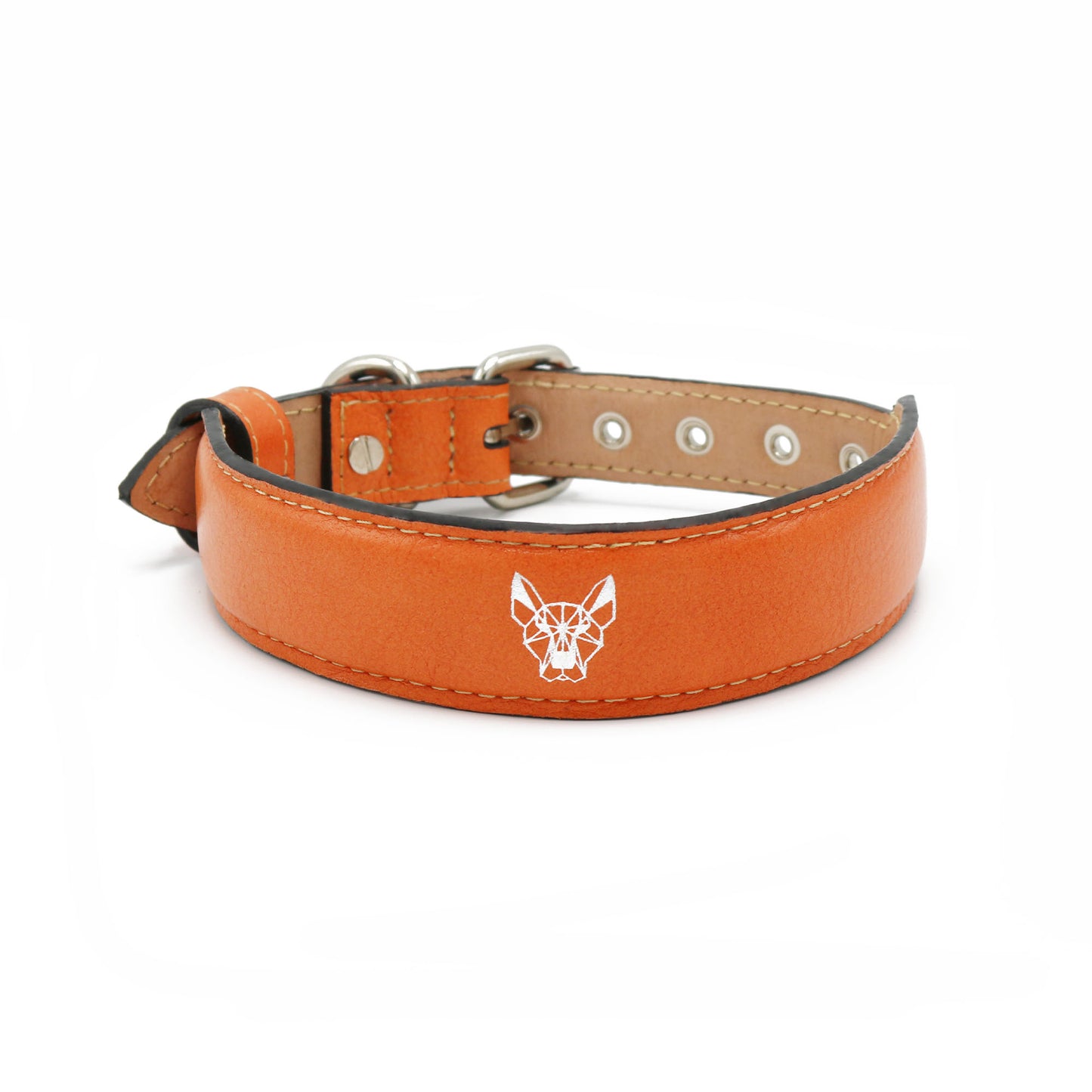 Wolvline Orange leather dog collar with a brand logo on a white background