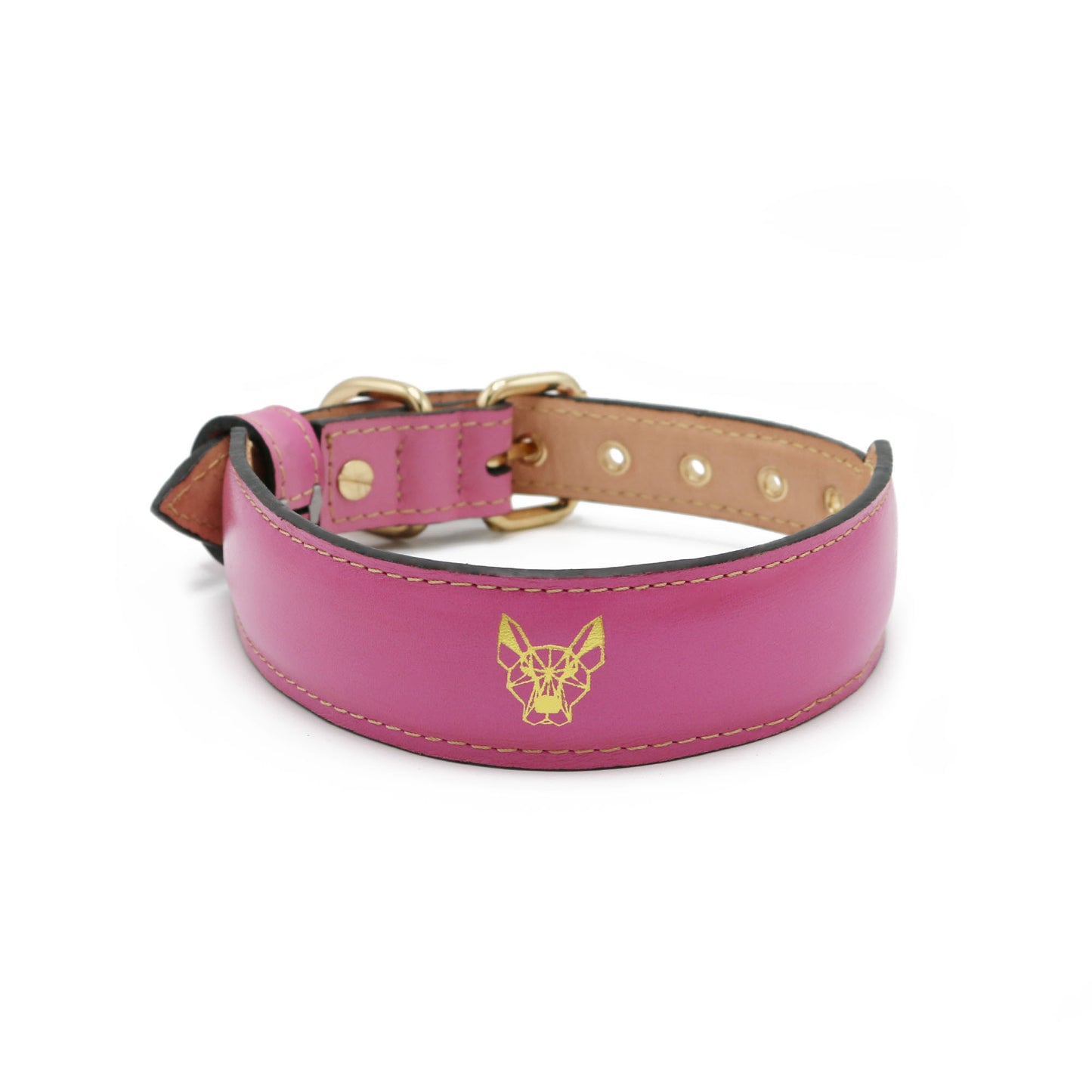 Wolvline Pink dog collar with a gold logo on a white background