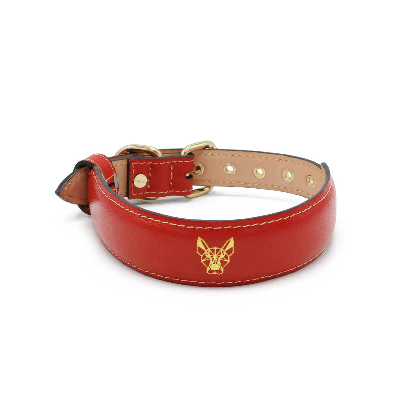 Wolvline Red leather dog collar with a gold logo on a white background