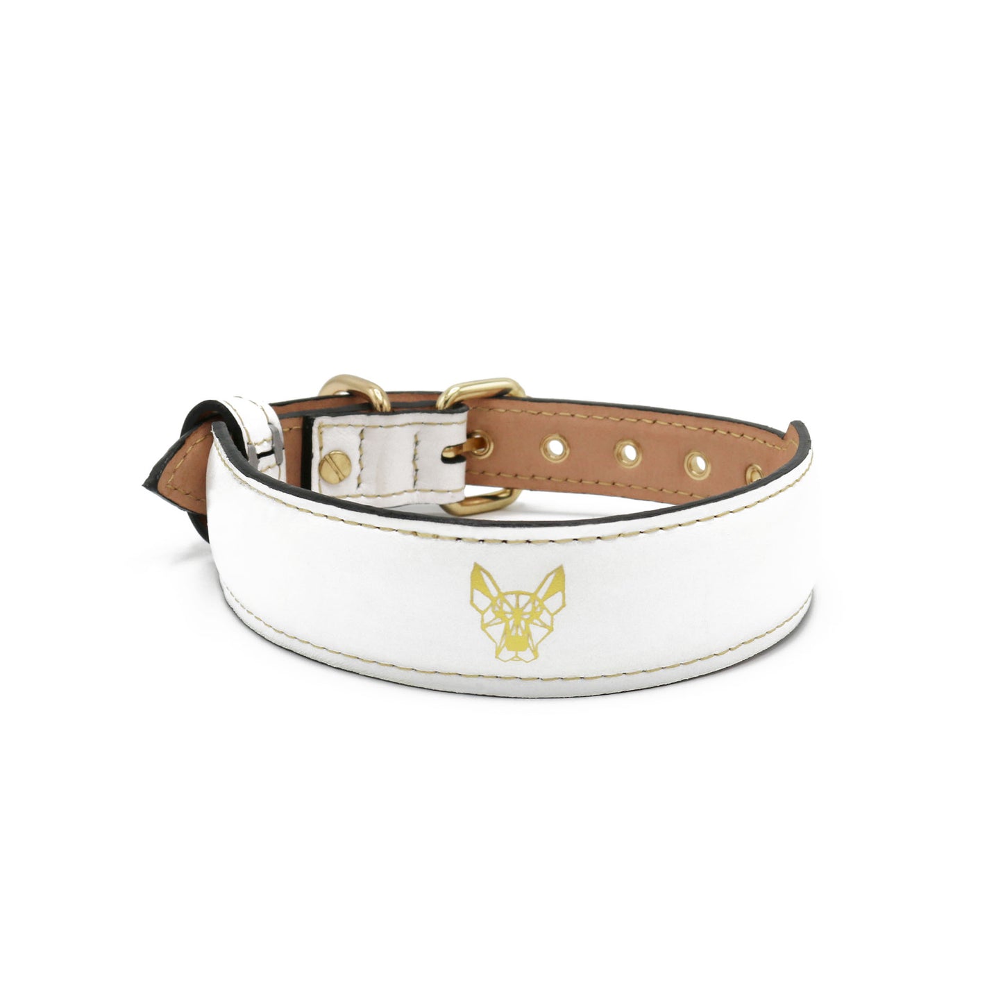 Wolvline white Dog collar with a gold emblem on a white background