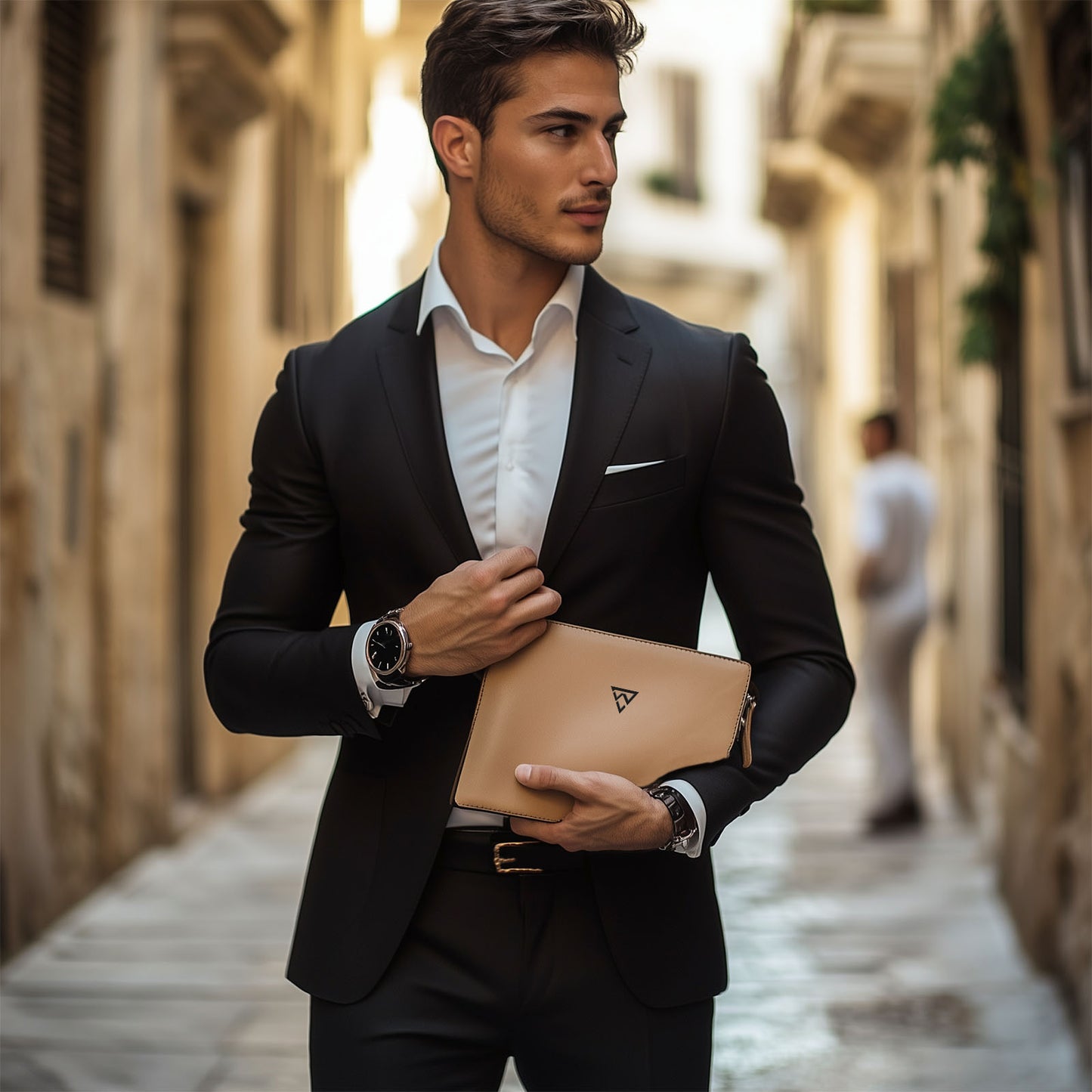 Man in a black suit holding a beige leather briefcase in an alleyway.